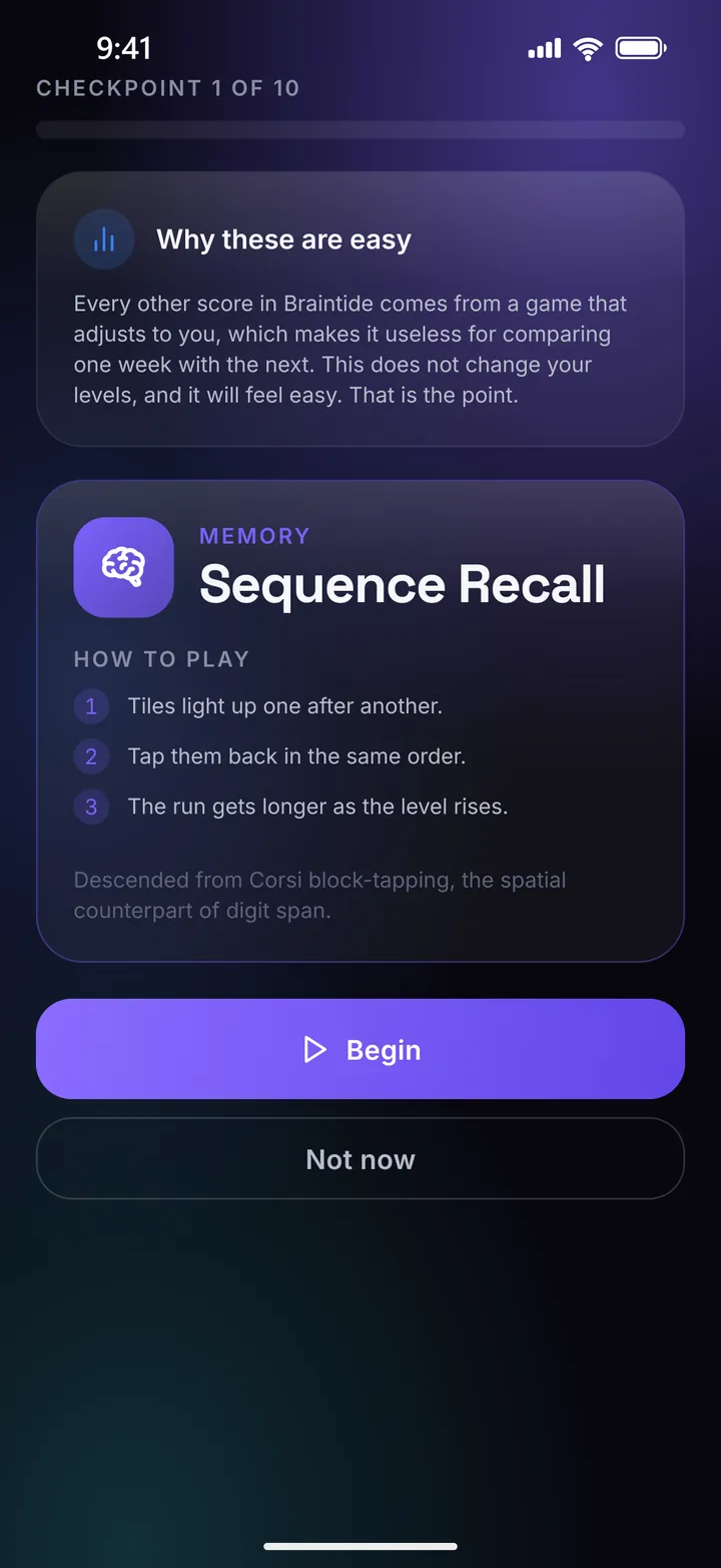 Checkpoint 1 of 10: the Why these are easy note above the Sequence Recall brief