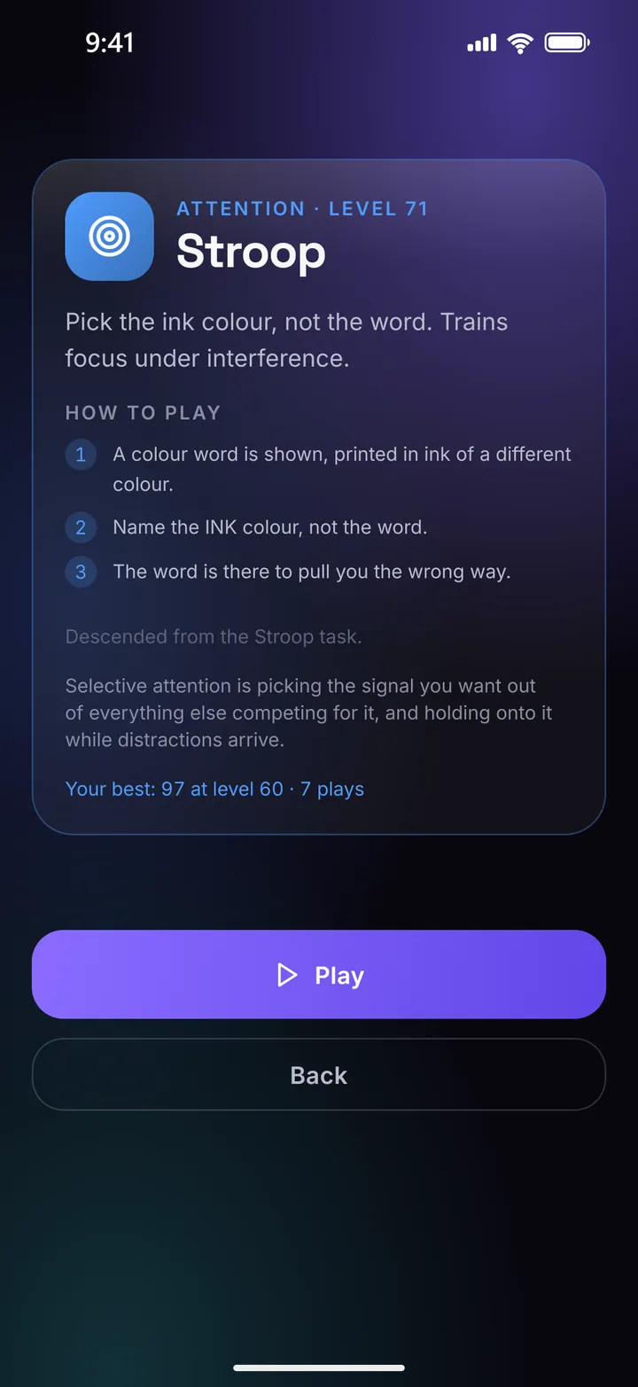 The Stroop brief: Attention, level 71, how to play in three steps, descended from the Stroop task