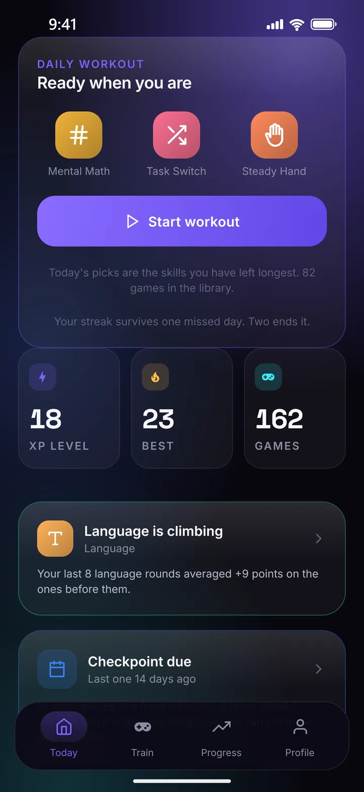 The Today screen: the daily workout card with Mental Math, Task Switch and Steady Hand, then XP level, best streak and games played