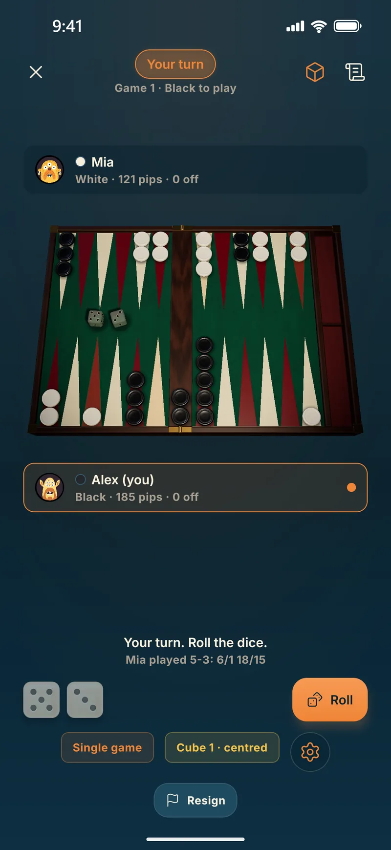 A game of backgammon in Piece of Cake, on the 3D board