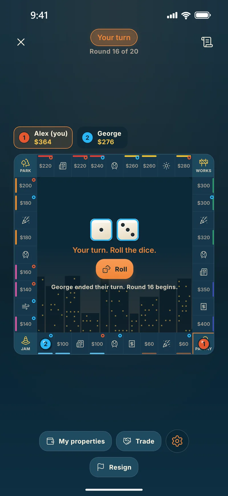 A game of Moguls in Piece of Cake, showing the city board and players&rsquo; cash