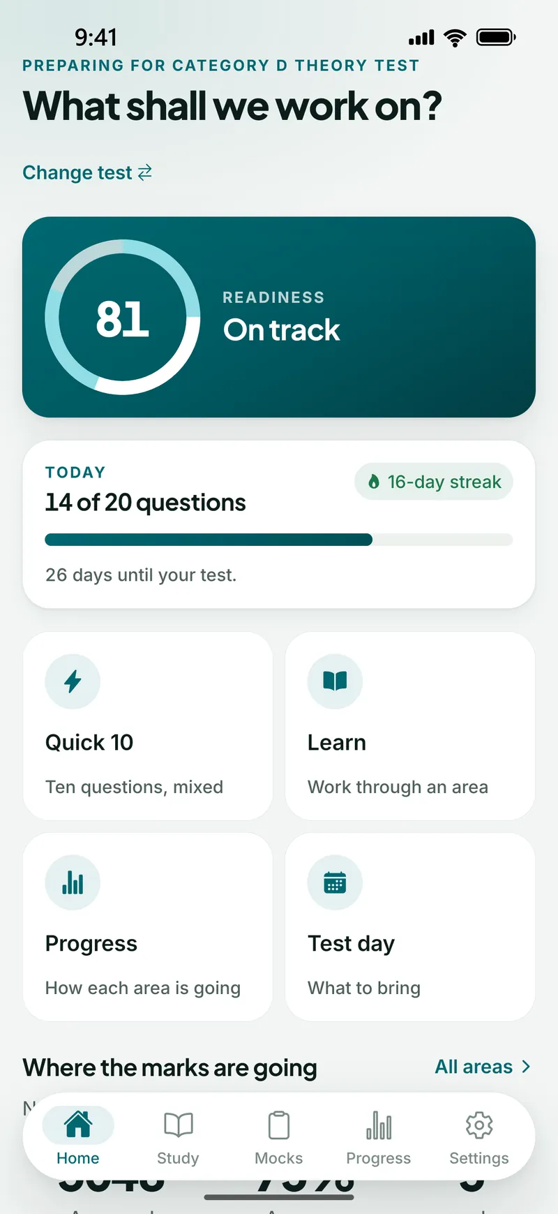 The Truck & Bus Theory Ireland home screen preparing for the category D test, showing readiness, today&rsquo;s target, a test-date countdown and study modes