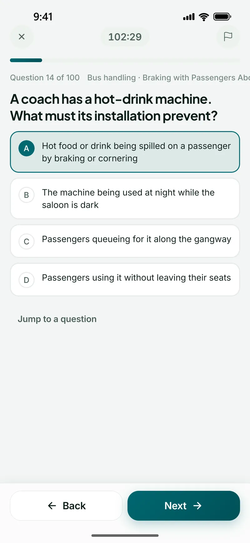 A timed 100-question mock in progress, asking what a coach’s hot-drink machine installation must prevent
